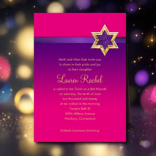 Bat Mitzvah Purple Ombre Ribbon and Star Invitation