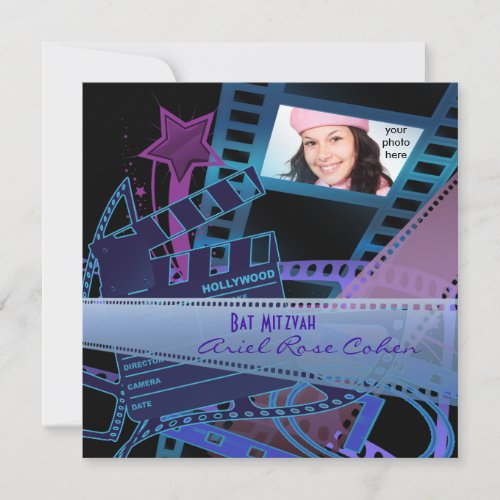 Bat Mitzvah Purple Photo Hollywood Star Invitation