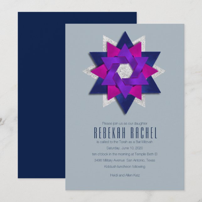 Bat Mitzvah Purple Pink Navy Star Flower Invitation (Front/Back)