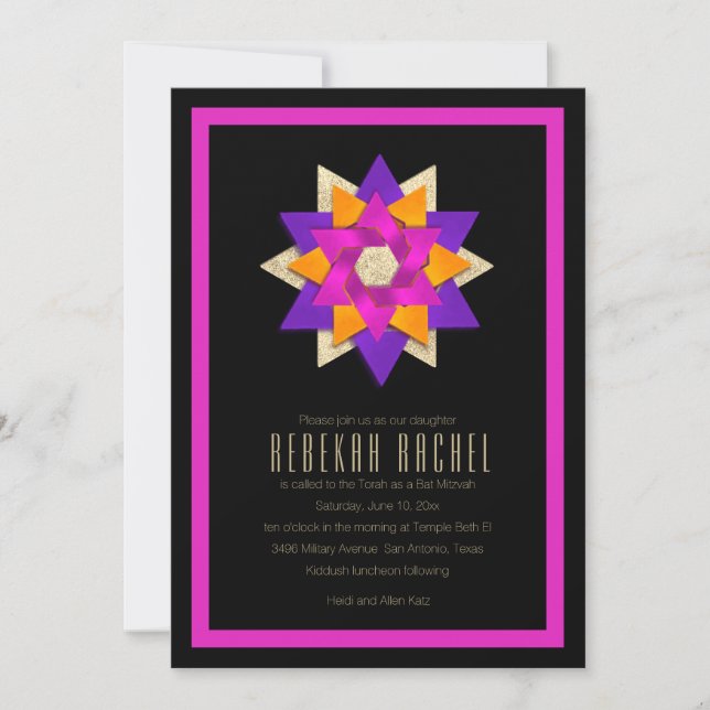 Bat Mitzvah Purple Pink Orange Star Flower Invitation (Front)