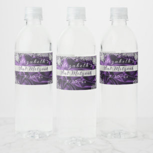 Bat Mitzvah Purple Satin Sparkling Diamonds Water Bottle Label