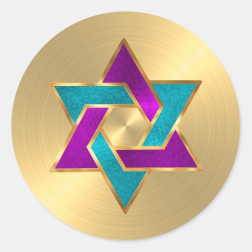 Bat Mitzvah Purple Turquoise Star David Gold Classic Round Sticker