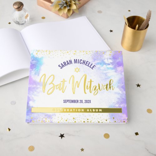 Bat Mitzvah Purple Watercolor Girly Real Gold Foil Foil Guest Book