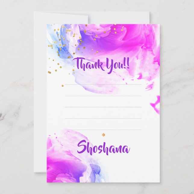 Bat Mitzvah Purple Watercolor Glitter Blank Thank You Card (Front)