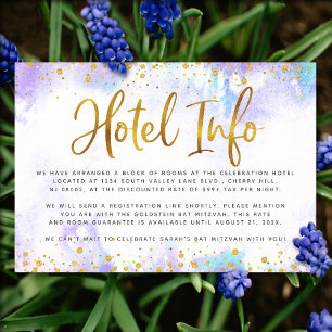 Bat Mitzvah purple watercolor gold foil hotel info Enclosure Card