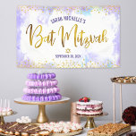 Bat Mitzvah purple watercolor gold foil script Banner<br><div class="desc">Be proud, rejoice and showcase this milestone of your favorite Bat Mitzvah! Hang up this stunning, modern, stylish, personalized banner to add to her special day. Sparkly, gold faux foil calligraphy script and glitter dots overlay a soft purple watercolor background. Personalize the custom text with your Bat Mitzvah’s name and...</div>