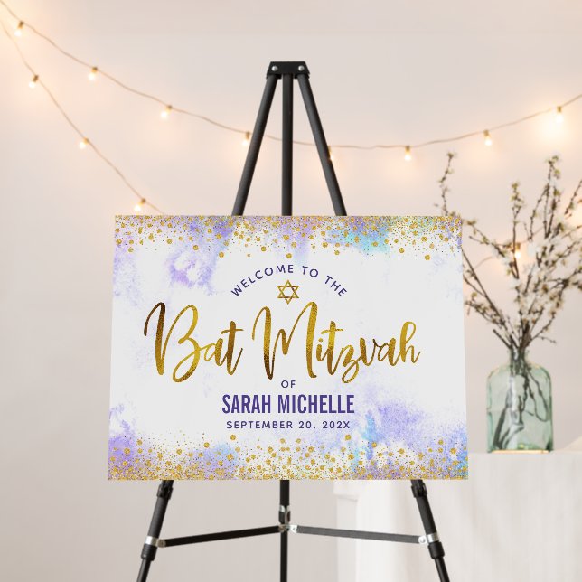 Bat Mitzvah Purple Watercolor Gold Foil Welcome Foam Board (In Situ (Stand))