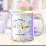 Bat Mitzvah Purple Watercolor Gold Script Confetti Coffee Mug<br><div class="desc">Be proud, rejoice and showcase this milestone of your favorite Bat Mitzvah! Celebrate whenever you use this stunning, modern, stylish, custom coffee mug. Sparkly, faux gold foil calligraphy script and glitter dots overlay a soft purple watercolor background. Personalize with your Bat Mitzvah’s name and date or custom message. Guaranteed to...</div>