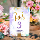 Bat Mitzvah Purple Watercolor Gold Script Glitter Table Number<br><div class="desc">No Bat Mitzvah party is complete without personalized table number cards. Let your favorite Bat Mitzvah be proud, rejoice and celebrate her milestone at her perfectly coordinated party. Stunning, modern, sparkly gold faux foil handwritten script and tiny dots overlay a light purple watercolor background. Personalize the custom text with the...</div>