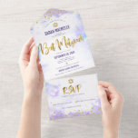 Bat Mitzvah purple watercolor gold script modern All In One Invitation<br><div class="desc">Be proud, rejoice and showcase this milestone of your favorite Bat Mitzvah! Send out this stunning, modern, custom all-in-one invitation for an event to remember. Sparkly gold faux foil, glitter dots and typography script overlay a light purple watercolor background. This all-in-one product is an unique combination of a custom invitation...</div>