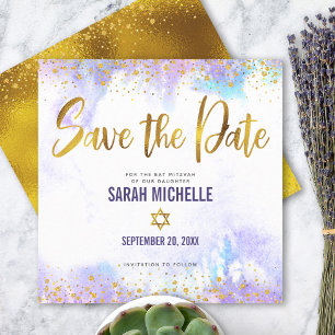 Bat Mitzvah Purple Watercolor Gold Script Square Save The Date