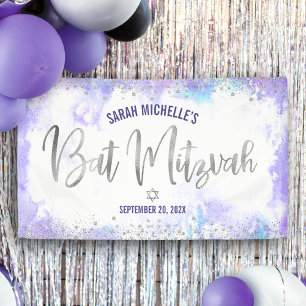 Bat Mitzvah Purple Watercolor Silver Foil Script Banner