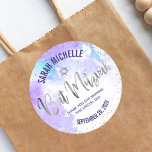 Bat Mitzvah Purple Watercolor Silver Foil Script Classic Round Sticker<br><div class="desc">Be proud, rejoice and celebrate this milestone of your favorite Bat Mitzvah! Use this stunning, modern, sparkly silver faux foil handwritten script, Star of David and tiny dots against a light purple watercolor background sticker to add to her special day. Personalize the custom text with her name and date of...</div>