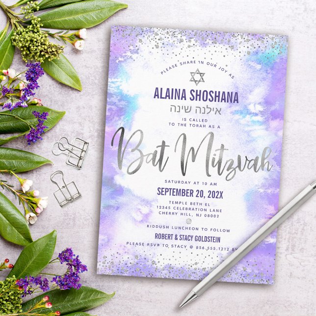 Bat Mitzvah purple watercolor silver foil script Invitation (Creator Uploaded)