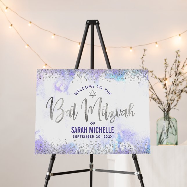 Bat Mitzvah Purple Watercolor Silver Foil Welcome Foam Board (In Situ (Stand))