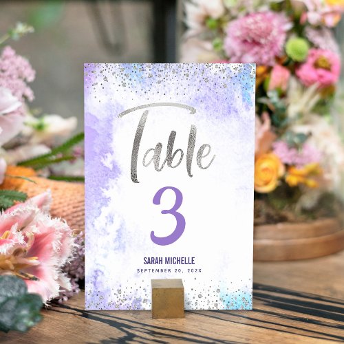 Bat Mitzvah Purple Watercolor Silver Glitter Girly Table Number
