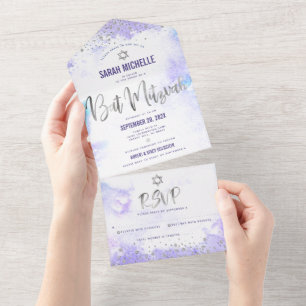 Bat Mitzvah Purple Watercolor Silver Script Modern All In One Invitation