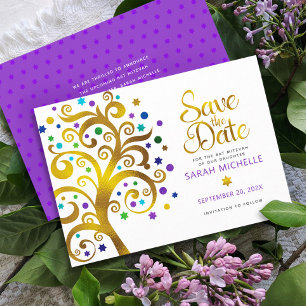 Bat Mitzvah Purple with Gold Script Tree of Life Save The Date