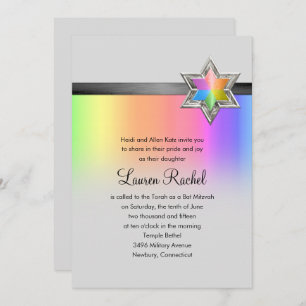 Bat Mitzvah Rainbow and Black Ribbon Silver Star Invitation