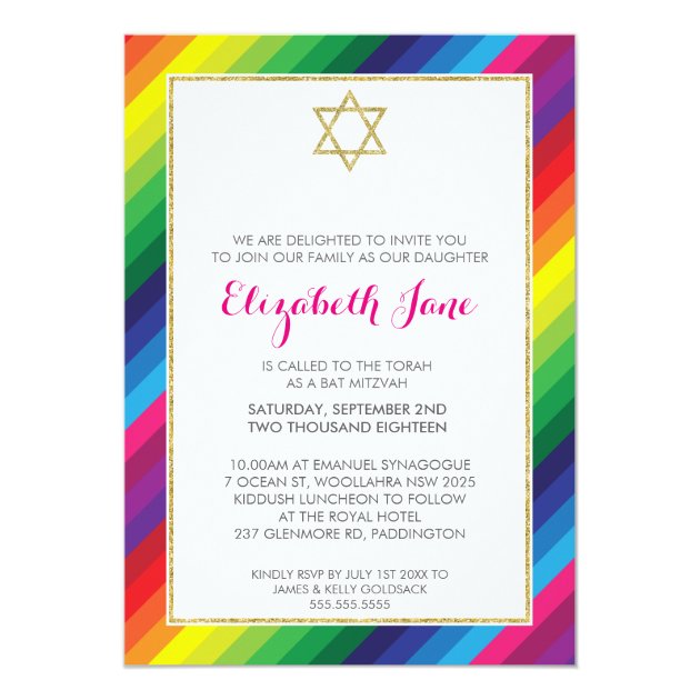 BAT MITZVAH Rainbow Stripe Pattern Gold Glitter Invitation