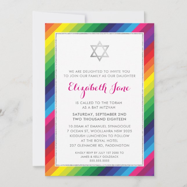 BAT MITZVAH rainbow stripe pattern silver glitter Invitation (Front)