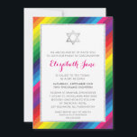 BAT MITZVAH rainbow stripe pattern silver glitter Invitation<br><div class="desc">by kat massard >>> https://linktr.ee/simplysweetpaperie <<< A bold and bright rainbow striped design for your child's BAT MITZVAH INVITATIONS. Wow your friends and family with this little number ;D Setup as a template it is simple for you to add your own details, add your photo or hit the customize button...</div>