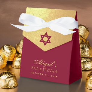 Bat Mitzvah Red Star of David Faux Gold & Burgundy Favor Boxes