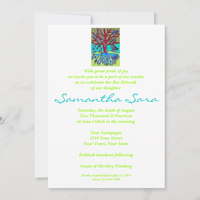 Bat Mitzvah - Red Tree Of Life Falling Hearts Invitation (Front)