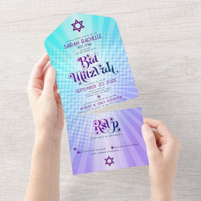 Bat Mitzvah Retro Blue Purple Gradient Boho Bold All In One Invitation (Tearaway)