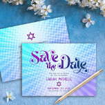 Bat Mitzvah Retro Blue Purple Ombre Gradient Boho Save The Date<br><div class="desc">Make sure all your friends and relatives will be able to celebrate your daughter’s milestone Bat Mitzvah! Send out this fun, boho retro, personalized “Save the Date” announcement card. Fun, trendy, bold purple and navy blue typography with modern sans serif typography overlay a background of pop light turquoise and purple...</div>