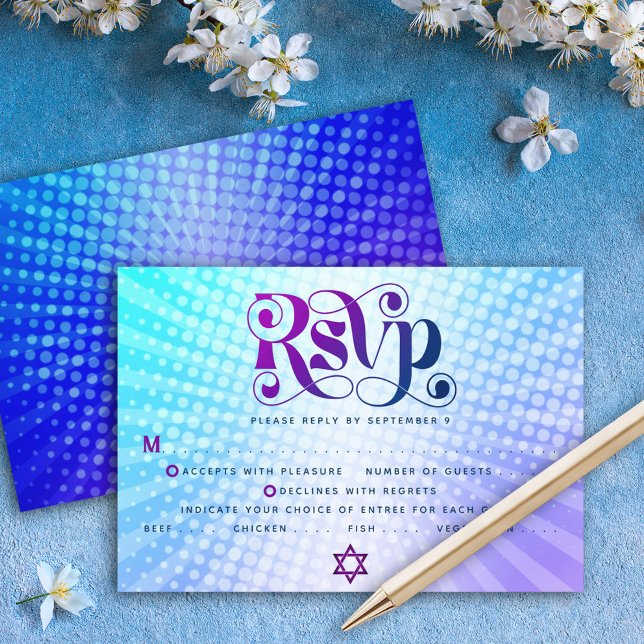Bat Mitzvah Retro Boho Blue Purple Gradient Entrée RSVP Card (Creator Uploaded)