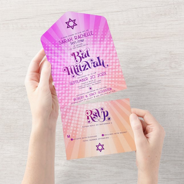 Bat Mitzvah Retro Boho Pink Orange Gradient Bold All In One Invitation (Tearaway)