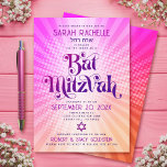 Bat Mitzvah Retro Boho Pink Orange Gradient Bold Invitation<br><div class="desc">Be proud, rejoice and showcase this milestone of your favorite Bat Mitzvah with this fun boho retro, personalized invitation! Fun, trendy, bold dark hot pink and purple typography with modern sans serif typography overlay a background of pop light orange and pink ombre gradient rays with white dots. On the back,...</div>