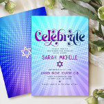 Bat Mitzvah Retro Boho Purple Blue Gradient Bold Enclosure Card<br><div class="desc">Be proud, rejoice and showcase this milestone of your favorite Bat Mitzvah! Include this groovy boho retro, personalized insert for additional information to your event. Fun, trendy, bold purple and navy blue typography with modern sans serif typography overlay a background of pop light turquoise and purple ombre gradient rays with...</div>