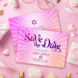 Bat Mitzvah Retro Pink Orange Ombre Gradient Boho Save The Date<br><div class="desc">Make sure all your friends and relatives will be able to celebrate your daughter’s milestone Bat Mitzvah! Send out this fun, boho retro, personalized “Save the Date” announcement postcard. Fun, trendy, bold dark hot pink and purple typography with modern sans serif typography overlay a background of pop light orange and...</div>