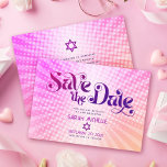 Bat Mitzvah Retro Pink Orange Ombre Gradient Boho Save The Date<br><div class="desc">Make sure all your friends and relatives will be able to celebrate your daughter’s milestone Bat Mitzvah! Send out this fun, boho retro, personalized “Save the Date” announcement postcard. Fun, trendy, bold dark hot pink and purple typography with modern sans serif typography overlay a background of pop light orange and...</div>