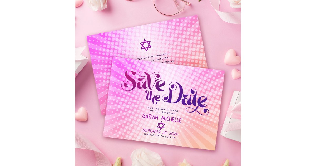 Bat Mitzvah Retro Pink Orange Ombre Gradient Boho Save The Date | Zazzle