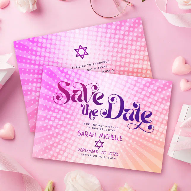 Bat Mitzvah Retro Pink Orange Ombre Gradient Boho Save The Date | Zazzle