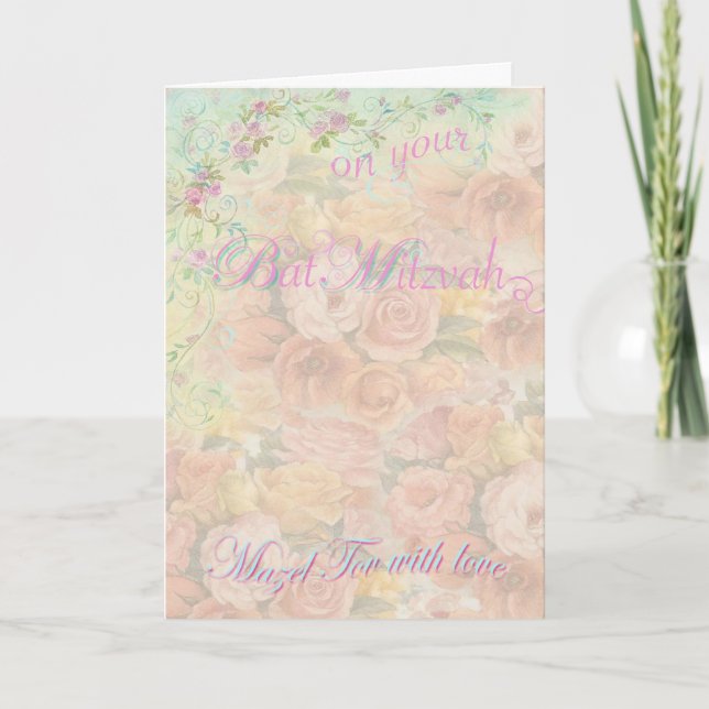 Bat Mitzvah Romantic Roses Flowing Script Greeting Card (Front)