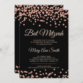 Bat Mitzvah Rose Gold Faux Glitter Confetti Black Invitation