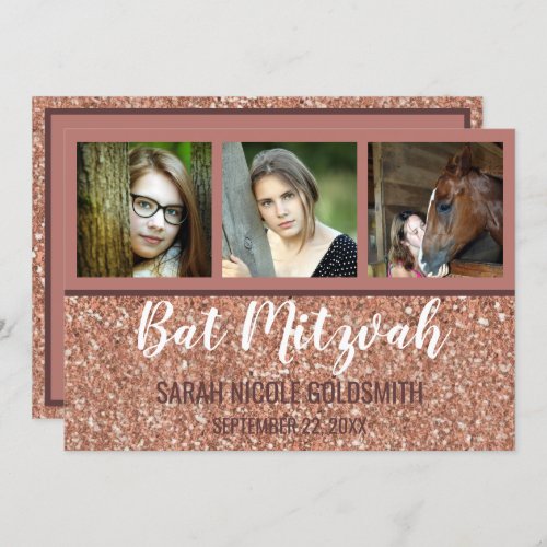 Bat Mitzvah Rose Gold Faux Glitter Photo Collage Invitation