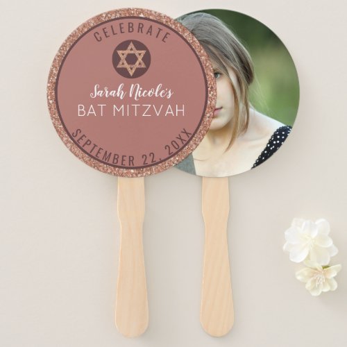 Bat Mitzvah Rose Gold Glitter Bling Photo Hand Fan