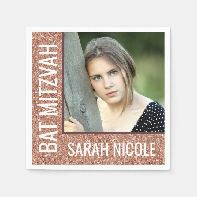 Bat Mitzvah Rose Gold Glitter Glam Custom Photo Napkins (Front)