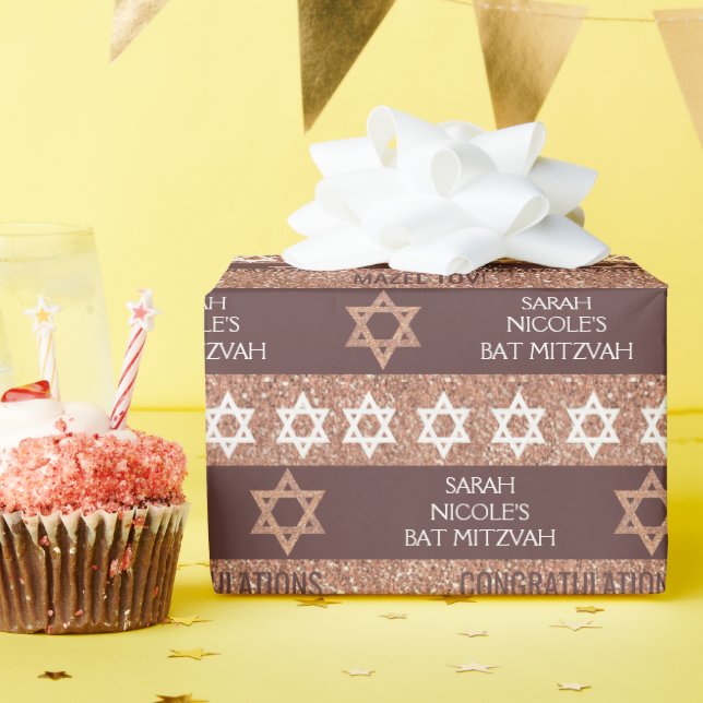 Bat Mitzvah Rose Gold Glitter Stripe Pattern Wrapping Paper (Birthday Party)