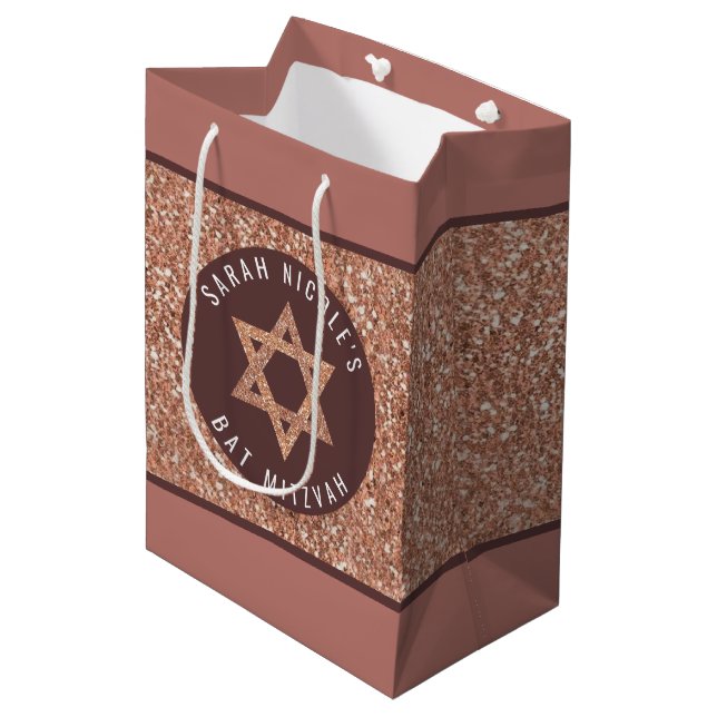 Bat Mitzvah Rose Gold Magen David Personalized Medium Gift Bag (Front Angled)