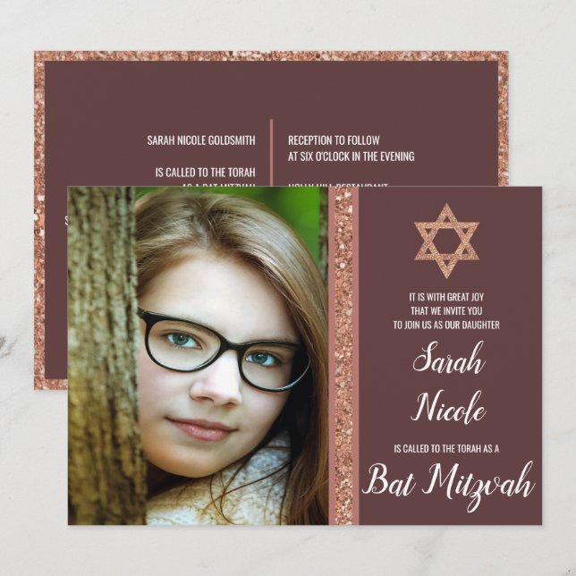 Bat Mitzvah Rose Gold Modern Photo Chic Glitter Invitation (Front/Back)