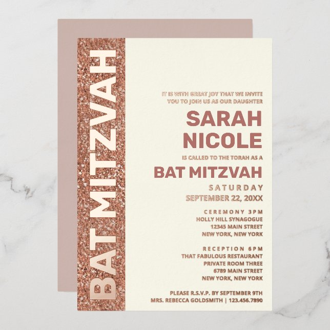 Bat Mitzvah Rose Gold Modern Typography Rose Gold Foil Invitation (Front/Back)