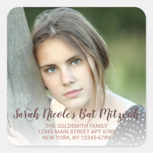 Bat Mitzvah Rose Gold Typography Photo Address Square Sticker