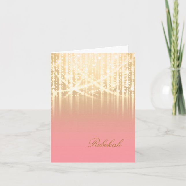 Bat Mitzvah Rose Pink and Gold Sparkly Lights Note Card (Front)