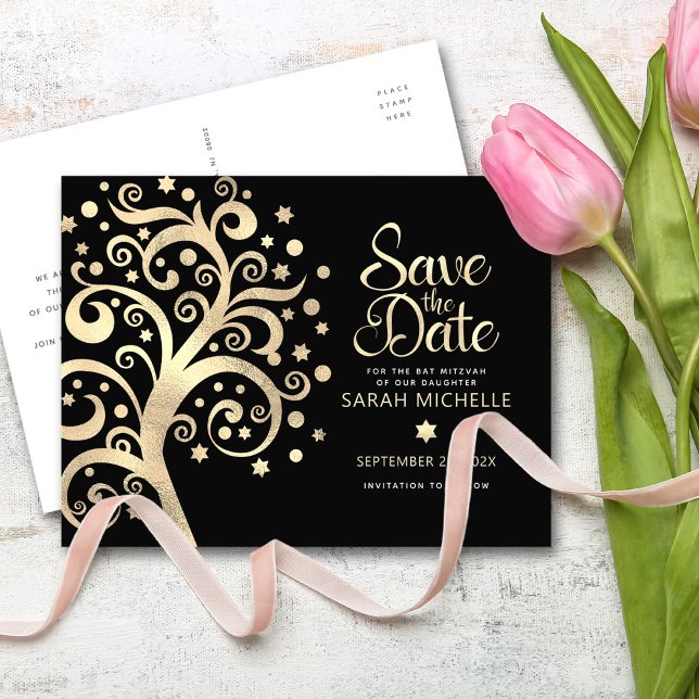 Bat Mitzvah Save Date Black Gold Foil Tree of Life Invitation Postcard (Creator Uploaded)